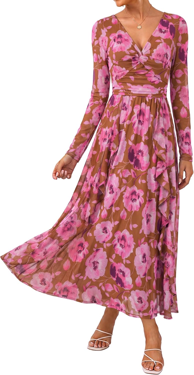 GRACE KARIN Women Fall Wedding Guest Long Sleeve Formal Floral Maxi Dress | Flowy A Line Mesh Dress,V Neck Twist Front,Ruffle,Evening Gowns,Bridal Shower,Garden Party,Cocktail,Vacation Clothes