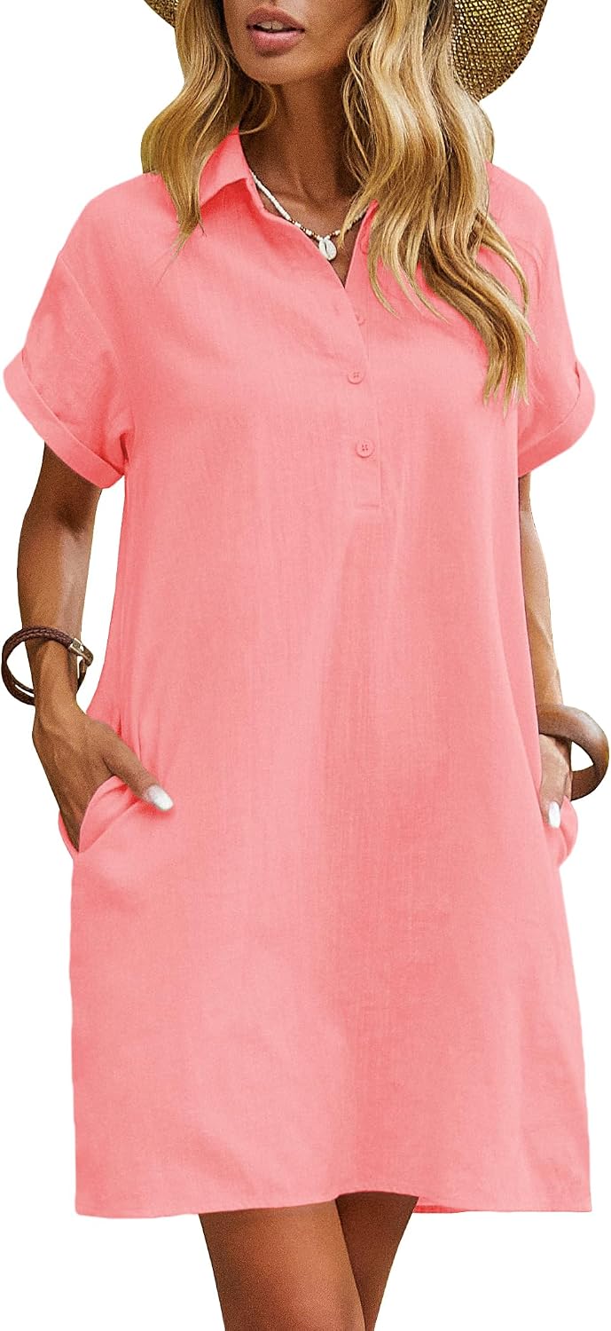 Zeagoo Womens Cotton Shirt Dress Summer Casual Short Sleeve Button Down Beach Cover Up Shirts with Pockets