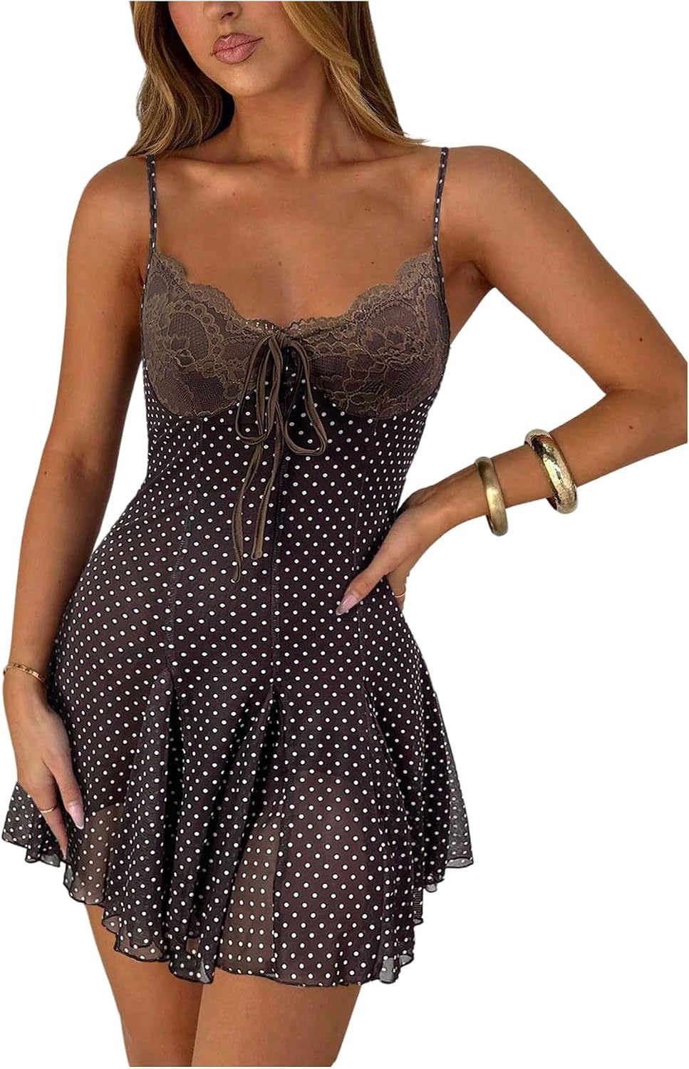 GORGLITTER Women's Polka Dots Mini Dress Cute Y2k Mesh Lace A Line Dresses | V Neck, Lace, Spaghetti Strap, Going Out Country Concert Outfits, Cocktail Dress, Coquette Clothes