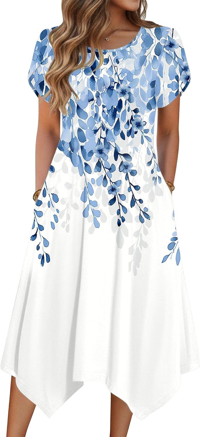Zeagoo Womens Casual Dress for Summer Loose Hankerchief Flare Midi Sundress | Floral Print, Boho Style, Fall Wedding Guest Dress, A Line,Crew Neck, Side Pockets, Asymmetrical Hem, for Beach, Casual,Daily