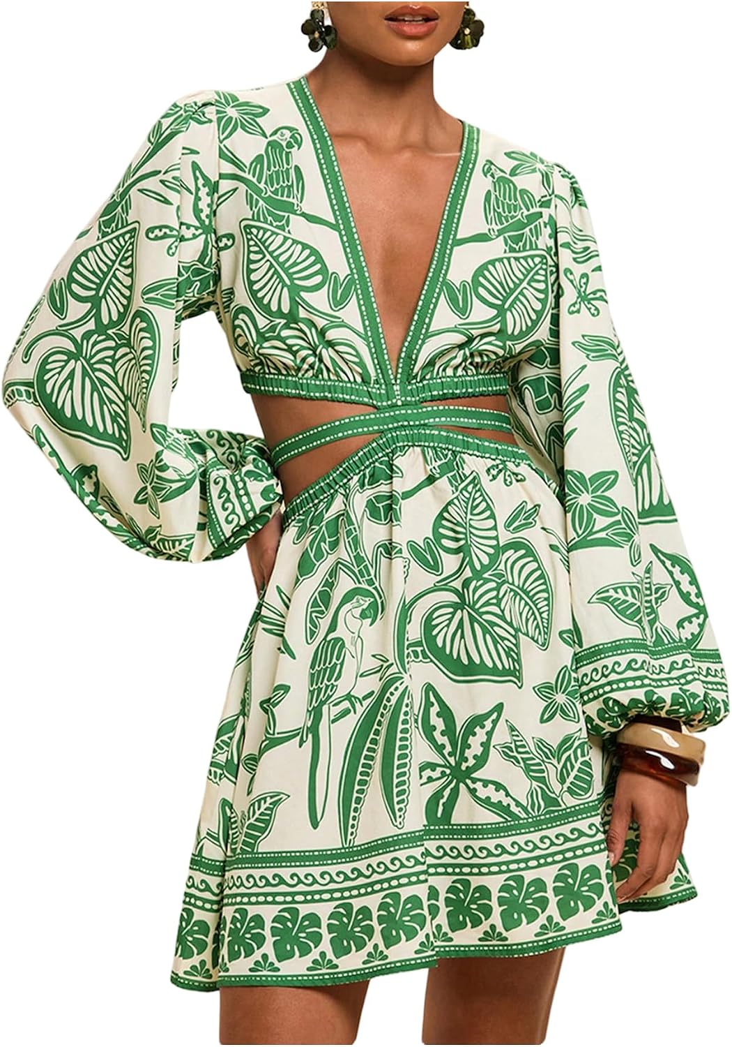 Floerns Women's Tropical Floral Long Sleeve Mini Dress | Cut Out, Bishop Sleeve, V Neck, A Line, Hawaiian Beach Vacation, Summer, Fall Outfits, Resort Wear