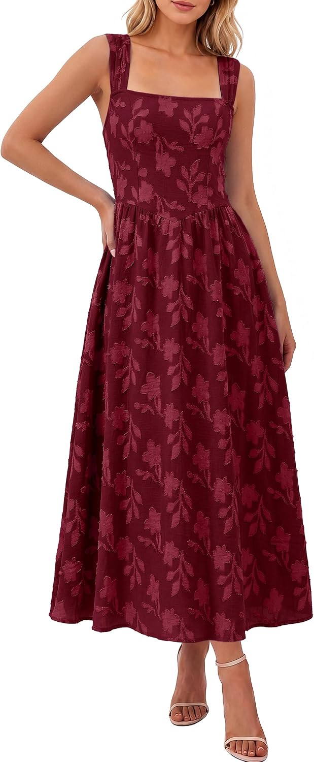 BerryGo Womens Fall Flowy Formal Wedding Guest Maxi Dresses | Sleeveless Square Neck, Jacquard Floral, Summer Boho Beach, Elegant Holiday Party Vacation Maxi Sundress