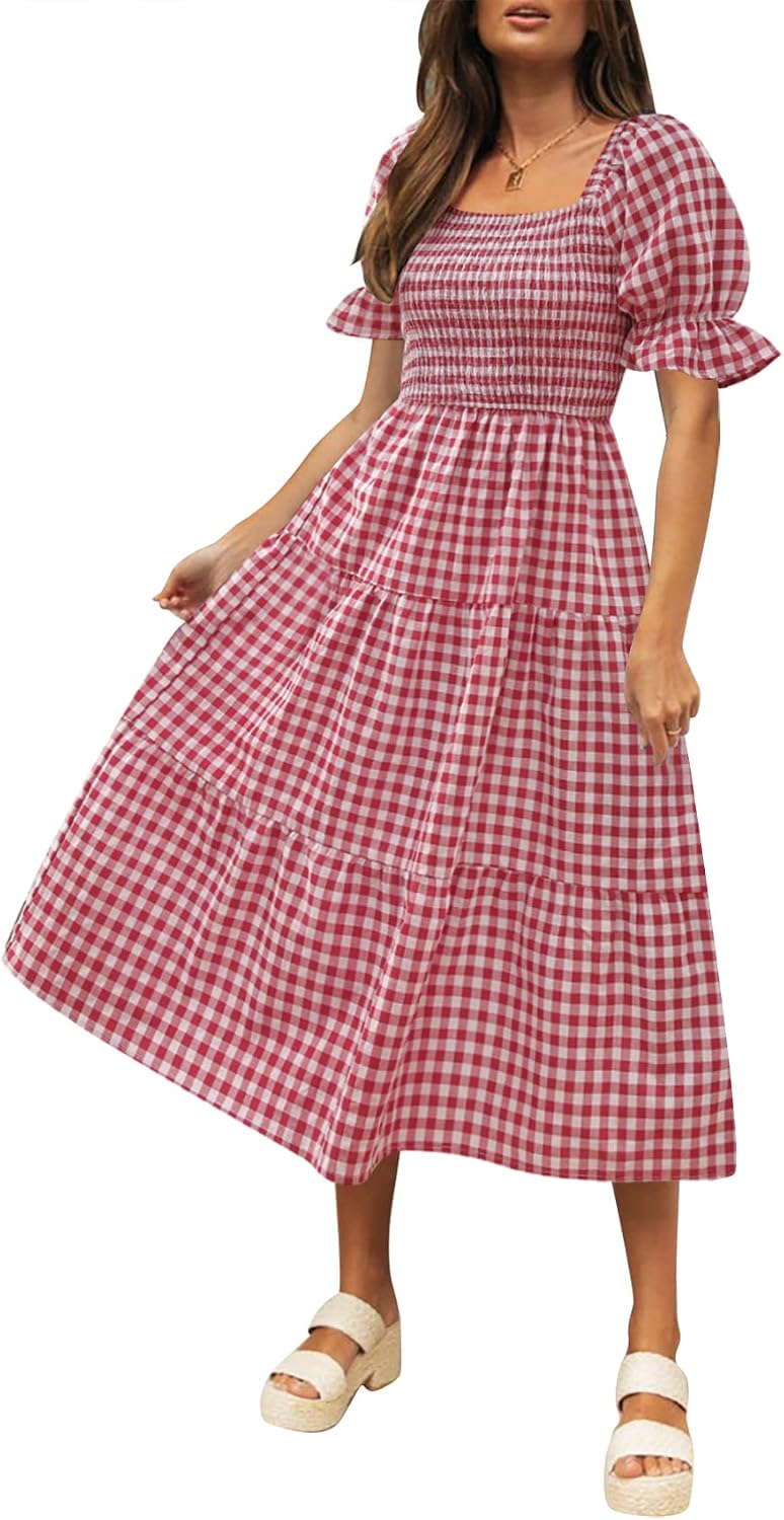 ZESICA Women's Summer Boho Gingham Puff Sleeve Square Neck Beach Midi Dress | 2026 Casual Bohemian Flowy, Swing A Line, Vintage, Baby Shower Cottagecore Maternity Plaid Tea Party Dresses