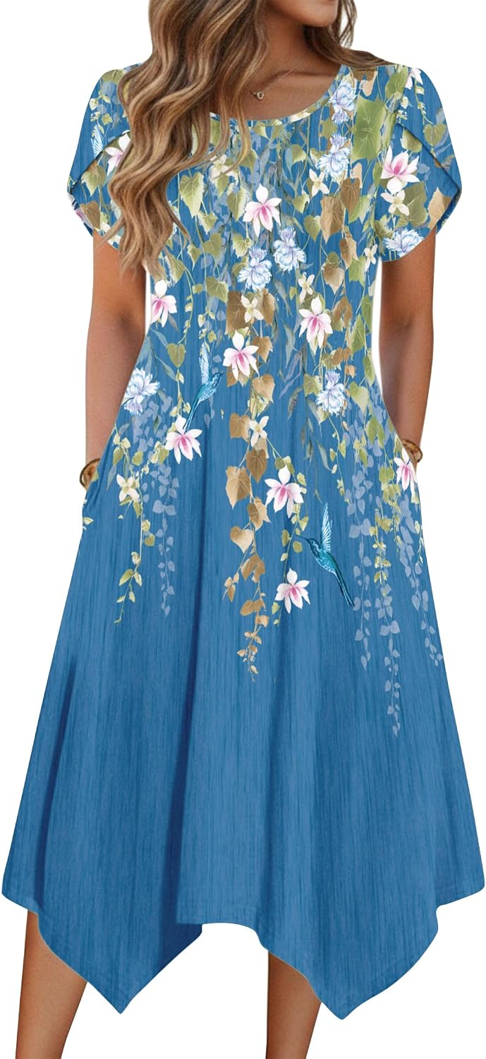 Zeagoo Womens Casual Dress for Summer Loose Hankerchief Flare Midi Sundress | Floral Print, Boho Style, Fall Wedding Guest Dress, A Line,Crew Neck, Side Pockets, Asymmetrical Hem, for Beach, Casual,Daily