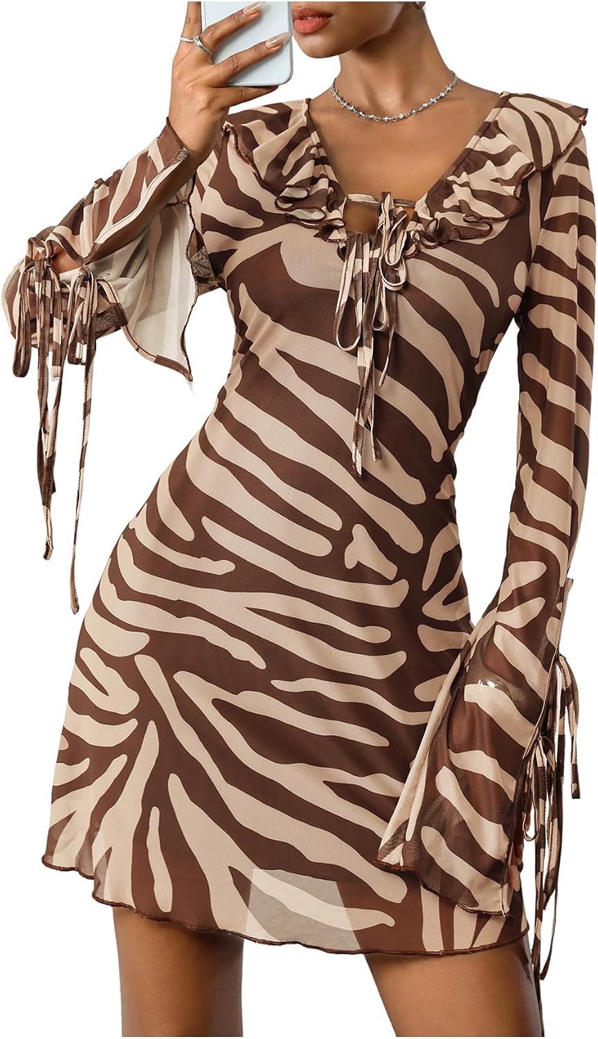 SweatyRocks Women's Zebra Print Sheer Long Sleeve Mini Dress Rave Outfit | Beach Cover Up, Animal Print Dress, Sheer Mesh Dress, Y2k Dress, Going Out Dress
