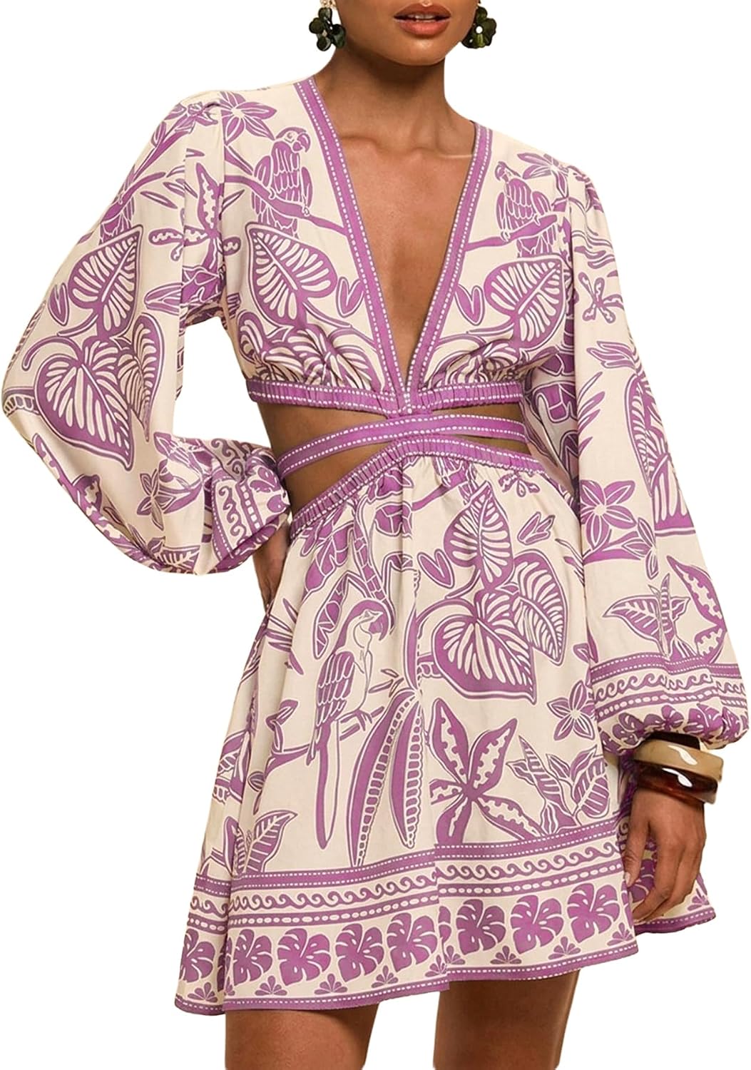 Floerns Women's Tropical Floral Long Sleeve Mini Dress | Cut Out, Bishop Sleeve, V Neck, A Line, Hawaiian Beach Vacation, Summer, Fall Outfits, Resort Wear