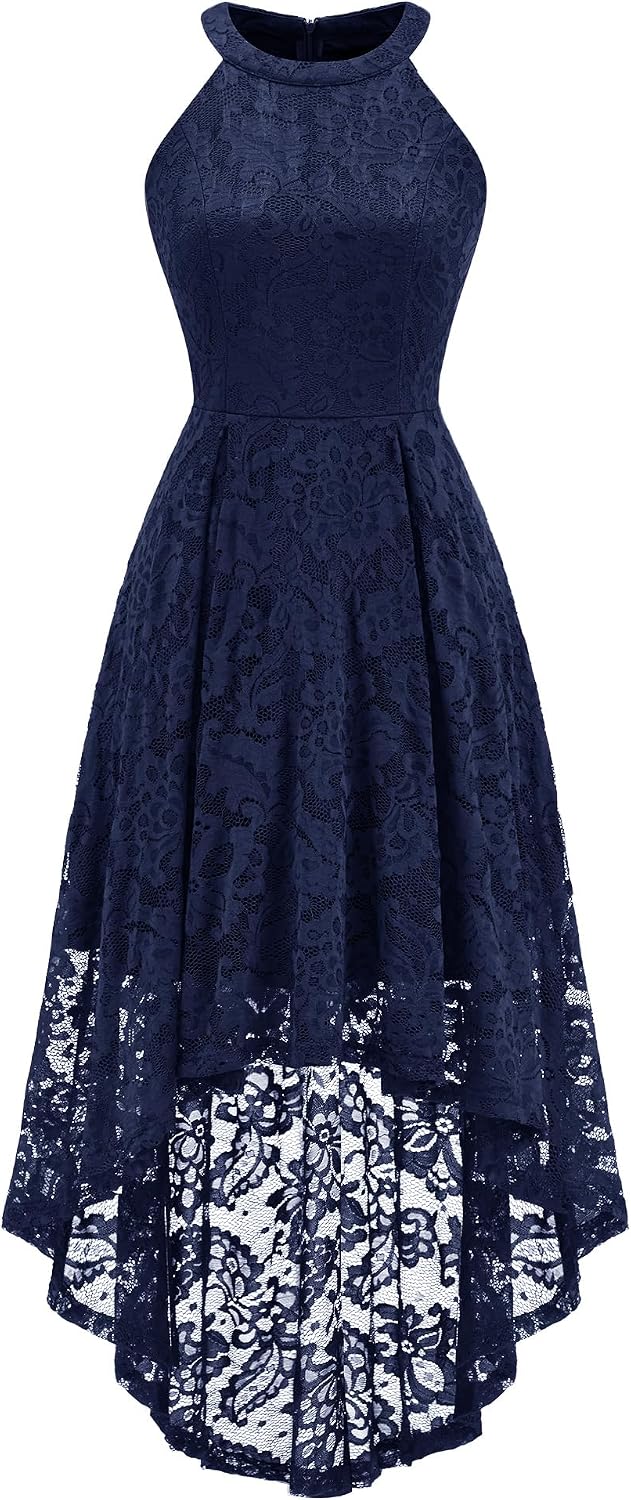 Dressystar Women Halter Lace Hi Lo Wedding Guest Cocktail Formal Dress | Bridesmaid Wedding Dresses,Sleeveless,Halter Top Neckline,High Low Hem,Elegant A line Design,Soft floral Lace Party Dress