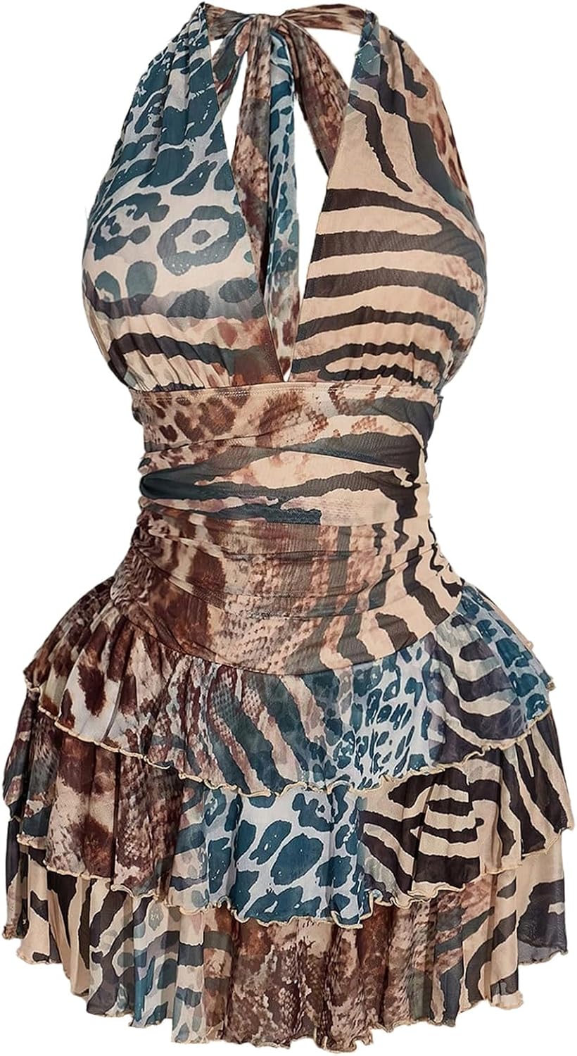 SHENHE Women's Plus Size Halter Mesh Dress Y2K Animal Print Club Mini Dress | Zebra, Floral, Party Romper Dresses, Layered Ruffle, Concert Dress with Built in Shorts