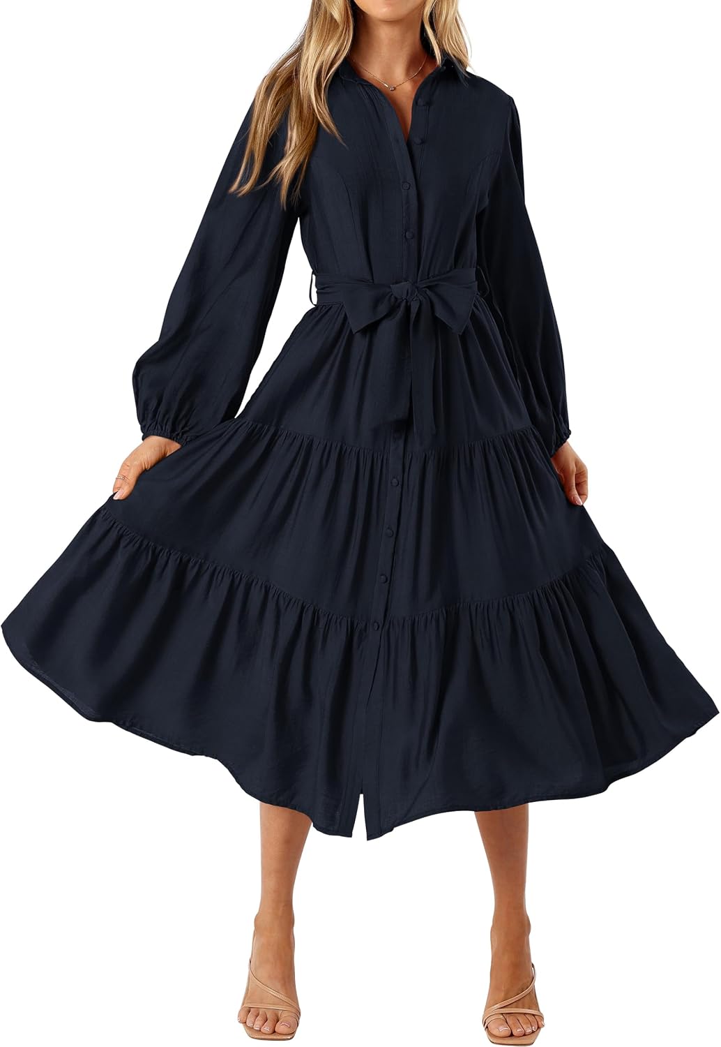 MASCOMODA Womens Dresses Fall Button Long Sleeve Midi Dress | Tie Waist Shirt Dress with Pockets, Button Down Collar V Neck, Flowy A Line, Tiered, Elastic Cuffs, Boho Casual Long Dresses