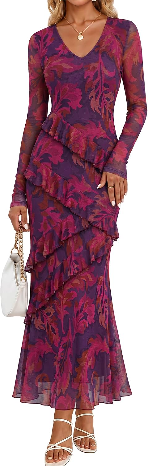 MEROKEETY Womens Fall Wedding Guest Floral Long Sleeve Bodycon Maxi Dress | 2026, Formal, V Neck, Ruffled, Mesh Overlay, Lined, Cocktail Party, Rehearsal Dinner, Bridal, Baby Shower, Date Night Dress