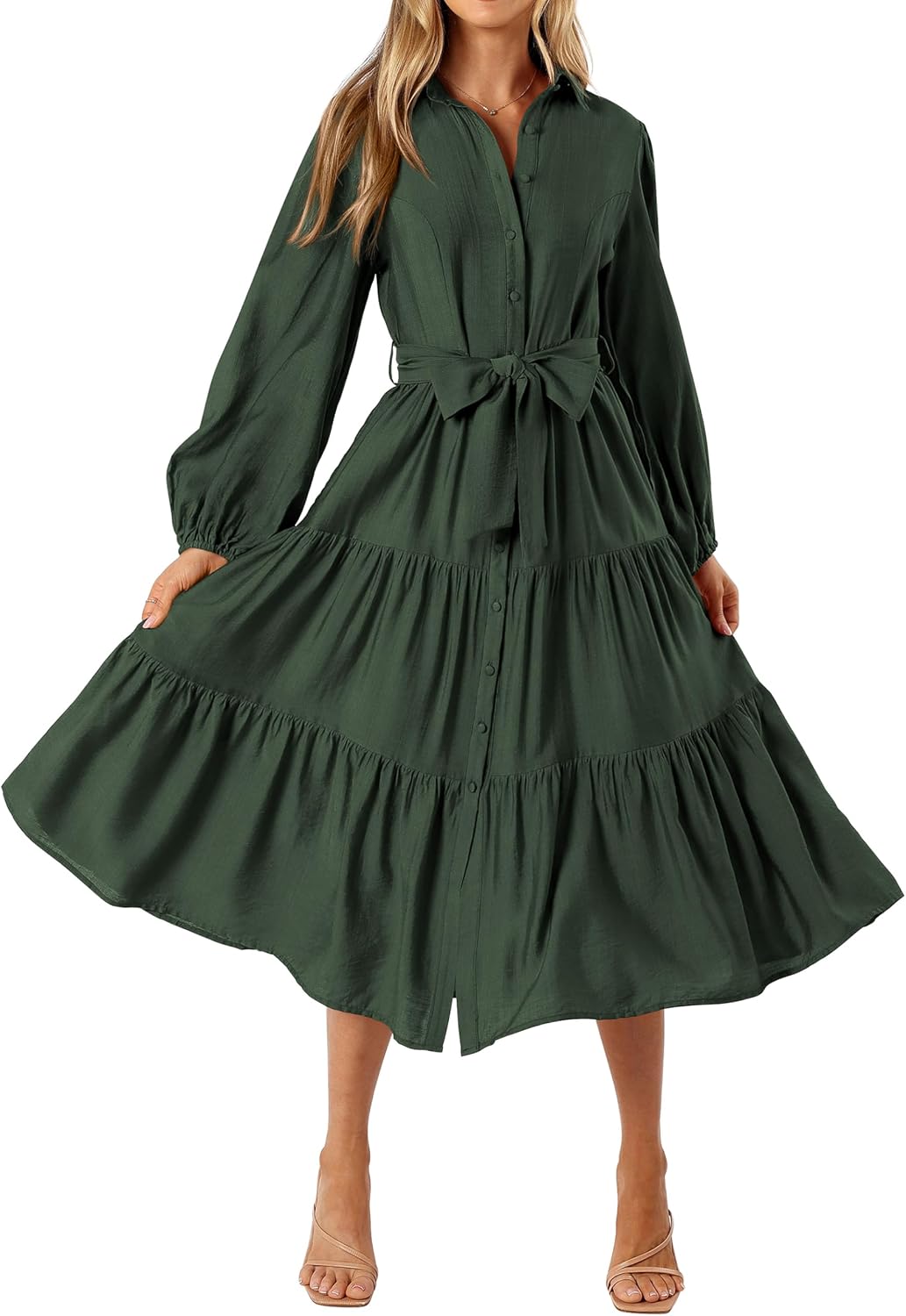 MASCOMODA Womens Dresses Fall Button Long Sleeve Midi Dress | Tie Waist Shirt Dress with Pockets, Button Down Collar V Neck, Flowy A Line, Tiered, Elastic Cuffs, Boho Casual Long Dresses