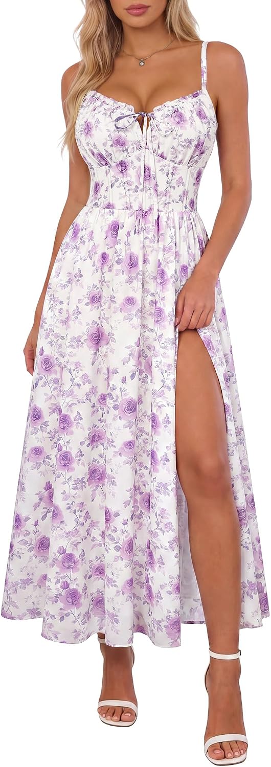 Scarlet Darkness Wedding Guest Dresses for Women Floral Corset Sundress | V Neck, Slit, with Pockets, for Summer, Tea Party, Graduation, Casual