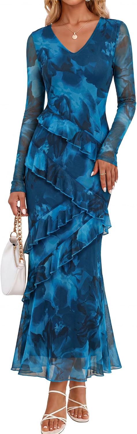 MEROKEETY Womens Fall Wedding Guest Floral Long Sleeve Bodycon Maxi Dress | 2026, Formal, V Neck, Ruffled, Mesh Overlay, Lined, Cocktail Party, Rehearsal Dinner, Bridal, Baby Shower, Date Night Dress