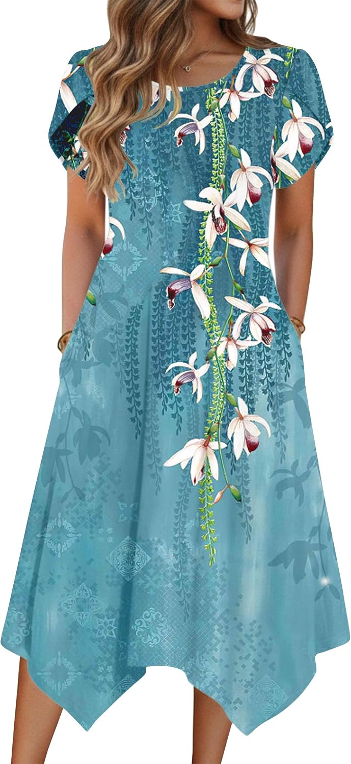 Zeagoo Womens Casual Dress for Summer Loose Hankerchief Flare Midi Sundress | Floral Print, Boho Style, Fall Wedding Guest Dress, A Line,Crew Neck, Side Pockets, Asymmetrical Hem, for Beach, Casual,Daily