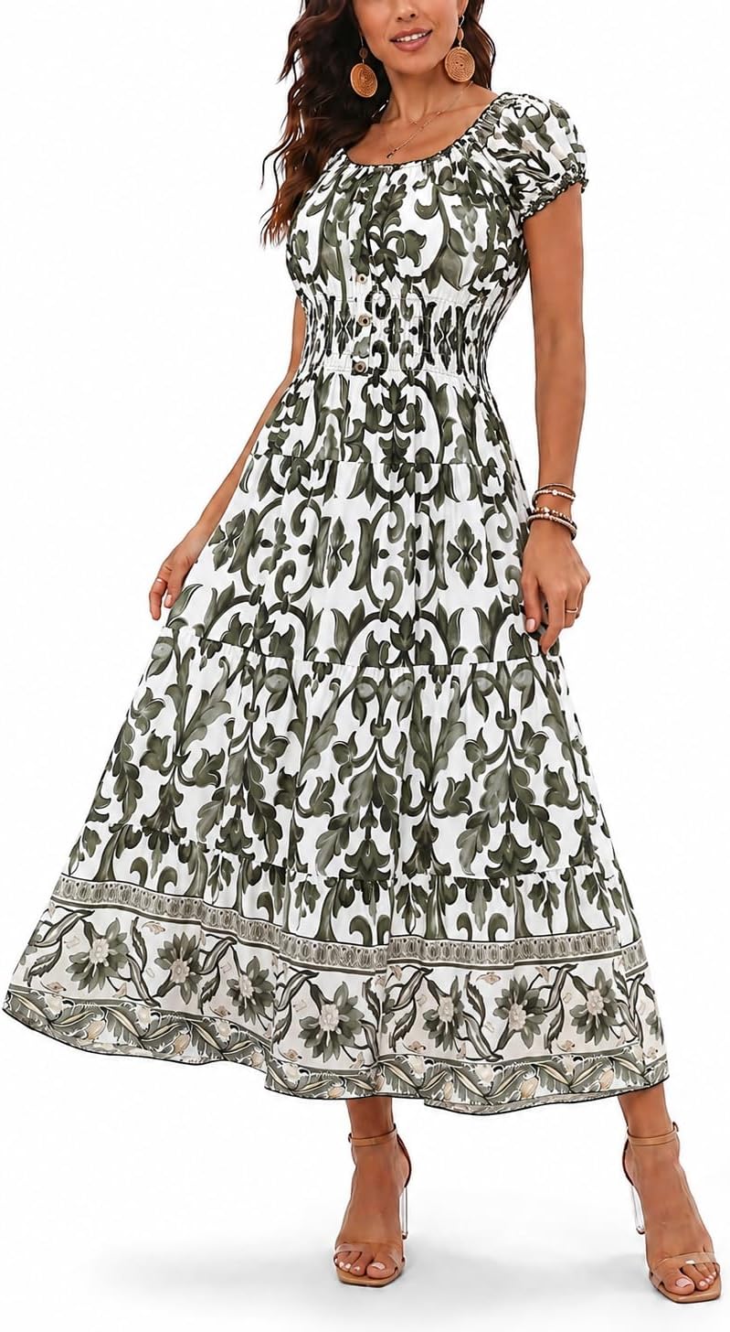 OSTOO Women's 2026 Maxi Dress Short Sleeves Boho Floral Print Tiered Casual Flowy Summer Long Dress