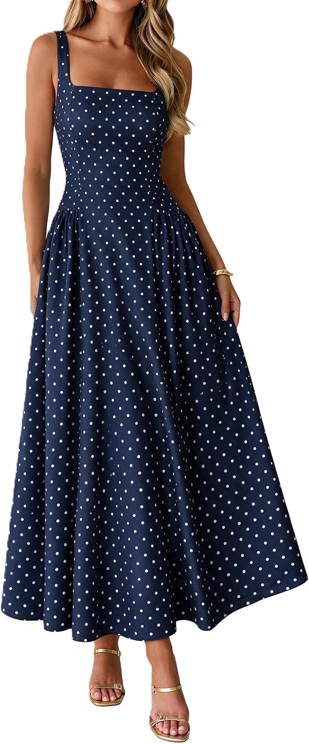 FOMELY Womens Polka Dot Dress Summer Casual Sleeveless Maxi Dress | Side Pockets, Square Neck, Wedding Guest Dress, Cocktail, Tea Party, Boho, Beach, Vacation, Long Dress, Tank, Comfy Fabric