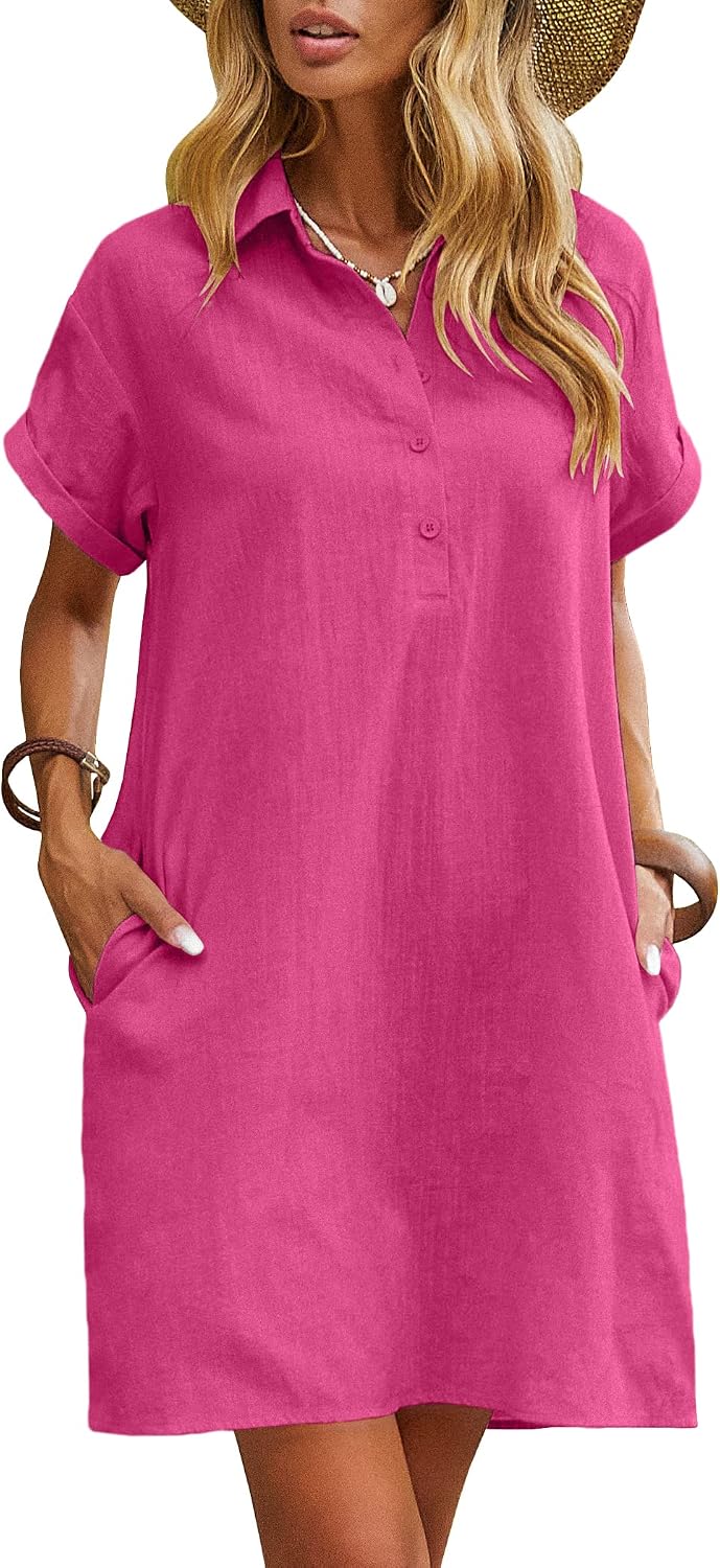 Zeagoo Womens Cotton Shirt Dress Summer Casual Short Sleeve Button Down Beach Cover Up Shirts with Pockets