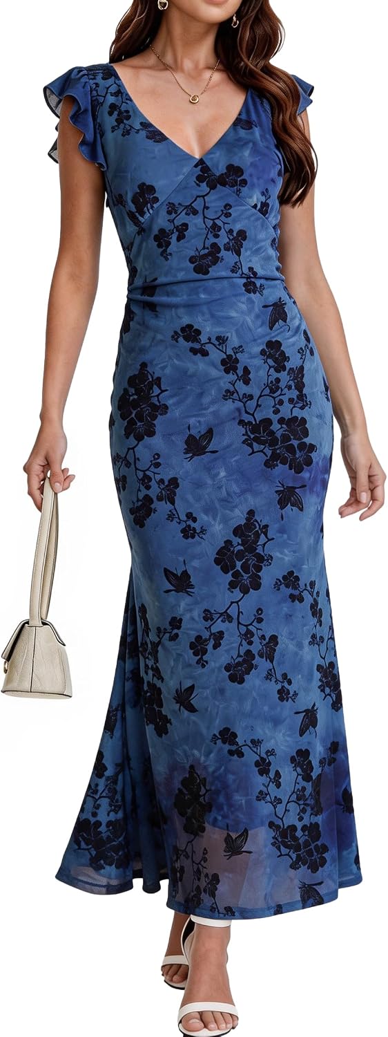 Women's Sleeveless V Neck Wedding Guest Dress Bodycon Floral Mesh Ruched Cocktail Mermaid Maxi Dresses Elegant Party Petite