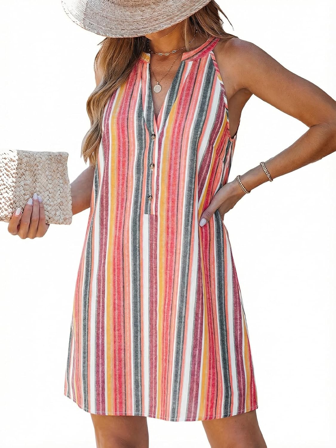 CUPSHE Women's Striped Halter V-Neck Button Up Shift Mini Dress | Sleeveless, Relaxed Fit, Button Down, Flowy Linen Short Coverup Dress, For Summer Beach Vacations, Resort, Casual Daily Wear