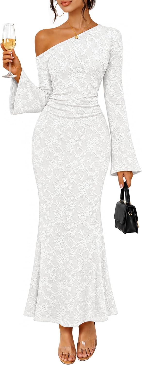 MEROKEETY Women's Lace Off The Shoulder Fall Wedding Guest Cocktail Dress | 2026 Floral, Maxi, Bell Long Sleeve, Maxi, Fitted, Bodycon, Ruched, Lined, Elegant Formal Outfifs, Party, Date Night Dresses