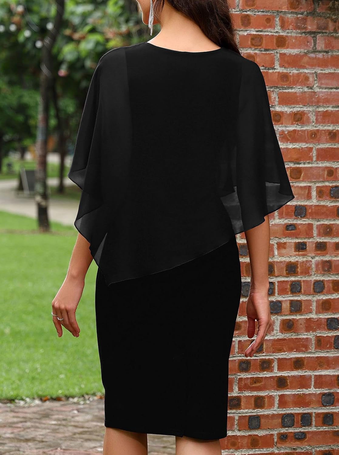 oten Women's Chiffon Cape Overlay V Neck Cocktail Knee Length Short Dresses | Semi Formal Dresses for Women, Slit, Batwing Cape Sleeve, Church, Dinner, Wedding Guest, Party Short Dress