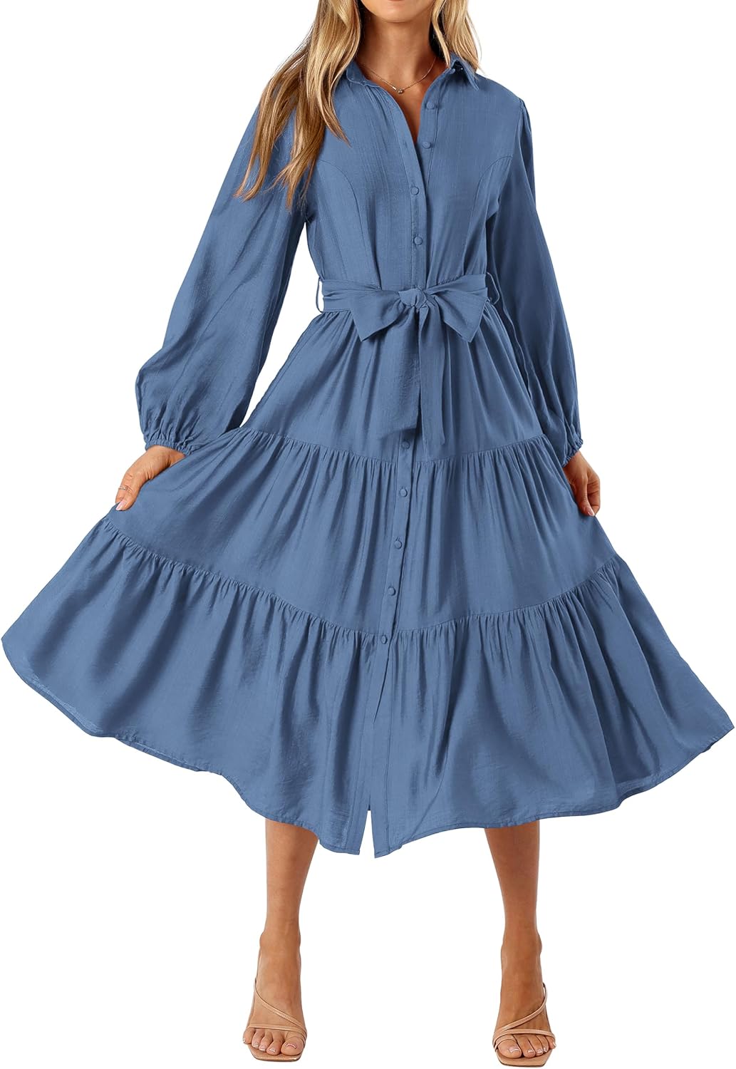 MASCOMODA Womens Dresses Fall Button Long Sleeve Midi Dress | Tie Waist Shirt Dress with Pockets, Button Down Collar V Neck, Flowy A Line, Tiered, Elastic Cuffs, Boho Casual Long Dresses