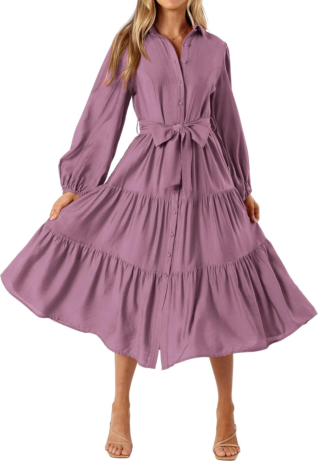 MASCOMODA Womens Dresses Fall Button Long Sleeve Midi Dress | Tie Waist Shirt Dress with Pockets, Button Down Collar V Neck, Flowy A Line, Tiered, Elastic Cuffs, Boho Casual Long Dresses