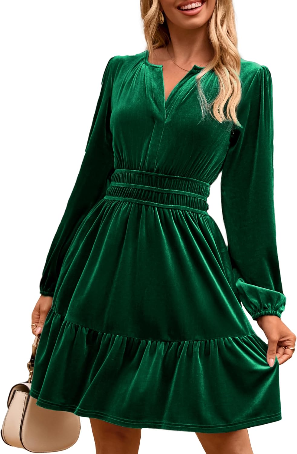 Simplee Womens Velvet Dress 2026 Fall Cocktail Long Sleeve Empire V Neck Wedding Guest Holiday Mini Dresses with Pockets