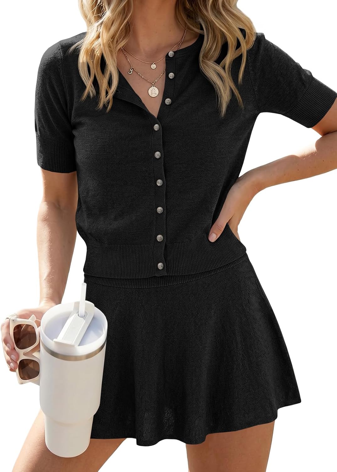 Wenrine Womens 2 Piece Skirt Sets Short Sleeve Cardigan Skirt Lounge Set | Summer Sweater Outfits,Button Knit Sweater Set,2026 Vacation Matching Outfits