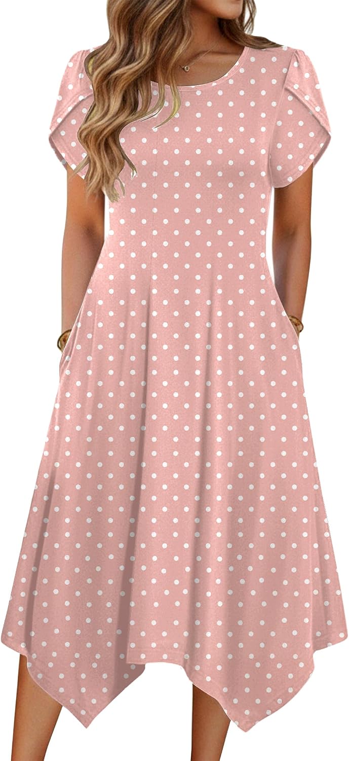 Zeagoo Womens Casual Dress for Summer Loose Hankerchief Flare Midi Sundress | Floral Print, Boho Style, Fall Wedding Guest Dress, A Line,Crew Neck, Side Pockets, Asymmetrical Hem, for Beach, Casual,Daily