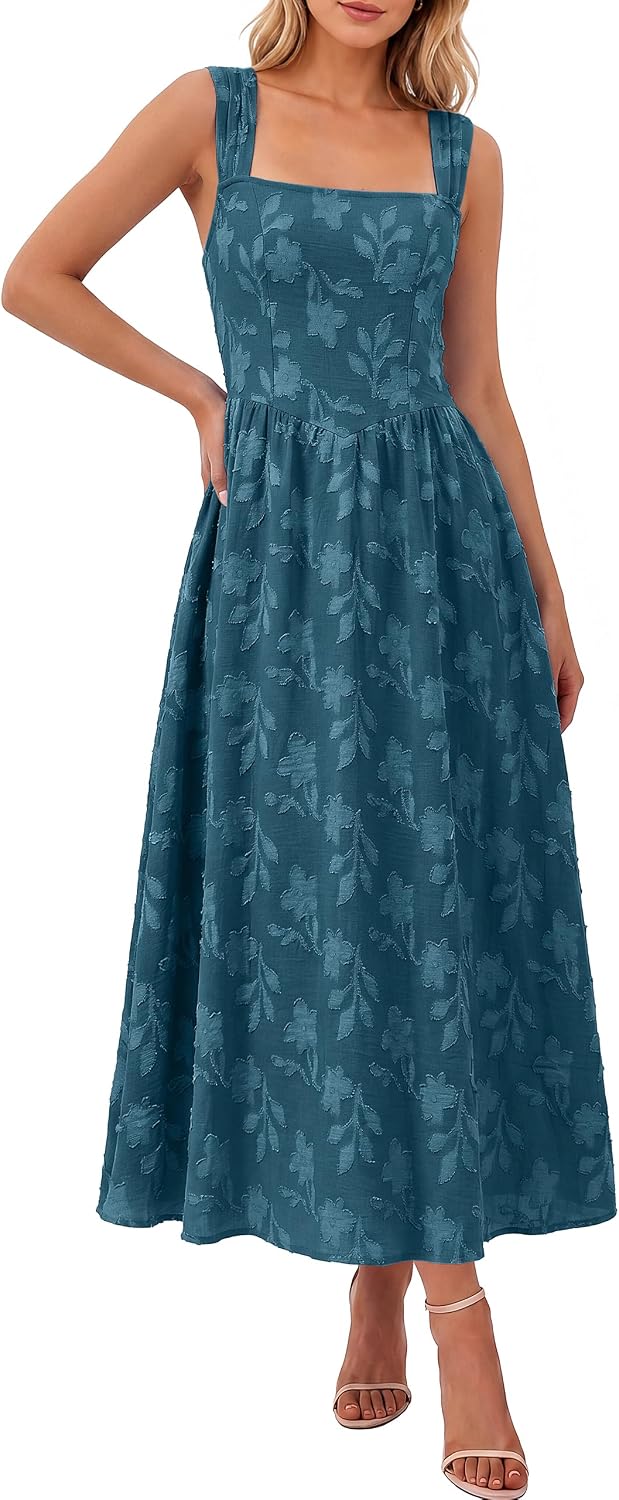 BerryGo Womens Fall Flowy Formal Wedding Guest Maxi Dresses | Sleeveless Square Neck, Jacquard Floral, Summer Boho Beach, Elegant Holiday Party Vacation Maxi Sundress