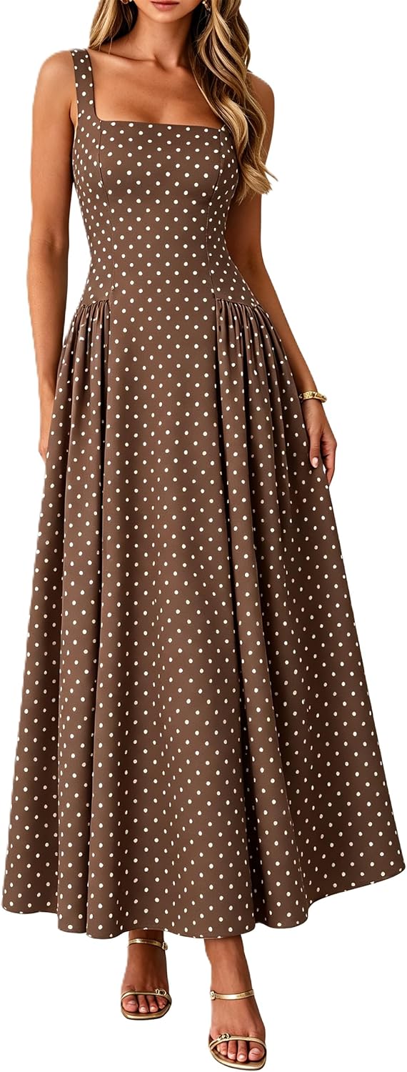 FOMELY Womens Polka Dot Dress Summer Casual Sleeveless Maxi Dress | Side Pockets, Square Neck, Wedding Guest Dress, Cocktail, Tea Party, Boho, Beach, Vacation, Long Dress, Tank, Comfy Fabric