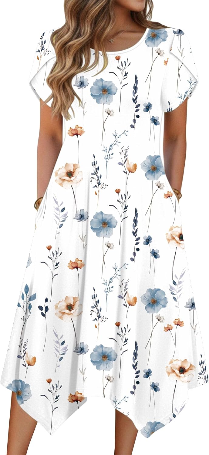 Zeagoo Womens Casual Dress for Summer Loose Hankerchief Flare Midi Sundress | Floral Print, Boho Style, Fall Wedding Guest Dress, A Line,Crew Neck, Side Pockets, Asymmetrical Hem, for Beach, Casual,Daily