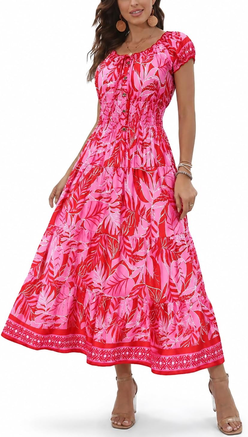 OSTOO Women's 2026 Maxi Dress Short Sleeves Boho Floral Print Tiered Casual Flowy Summer Long Dress