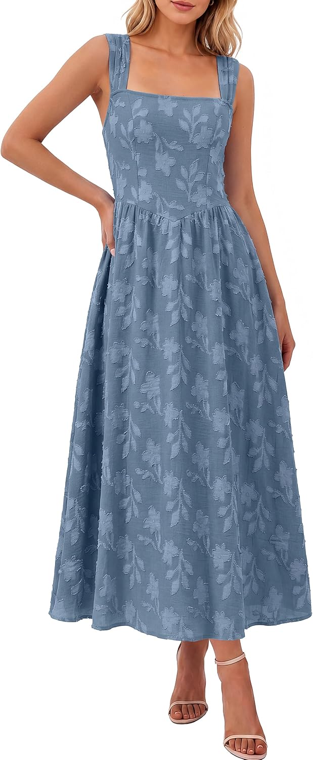 BerryGo Womens Fall Flowy Formal Wedding Guest Maxi Dresses | Sleeveless Square Neck, Jacquard Floral, Summer Boho Beach, Elegant Holiday Party Vacation Maxi Sundress