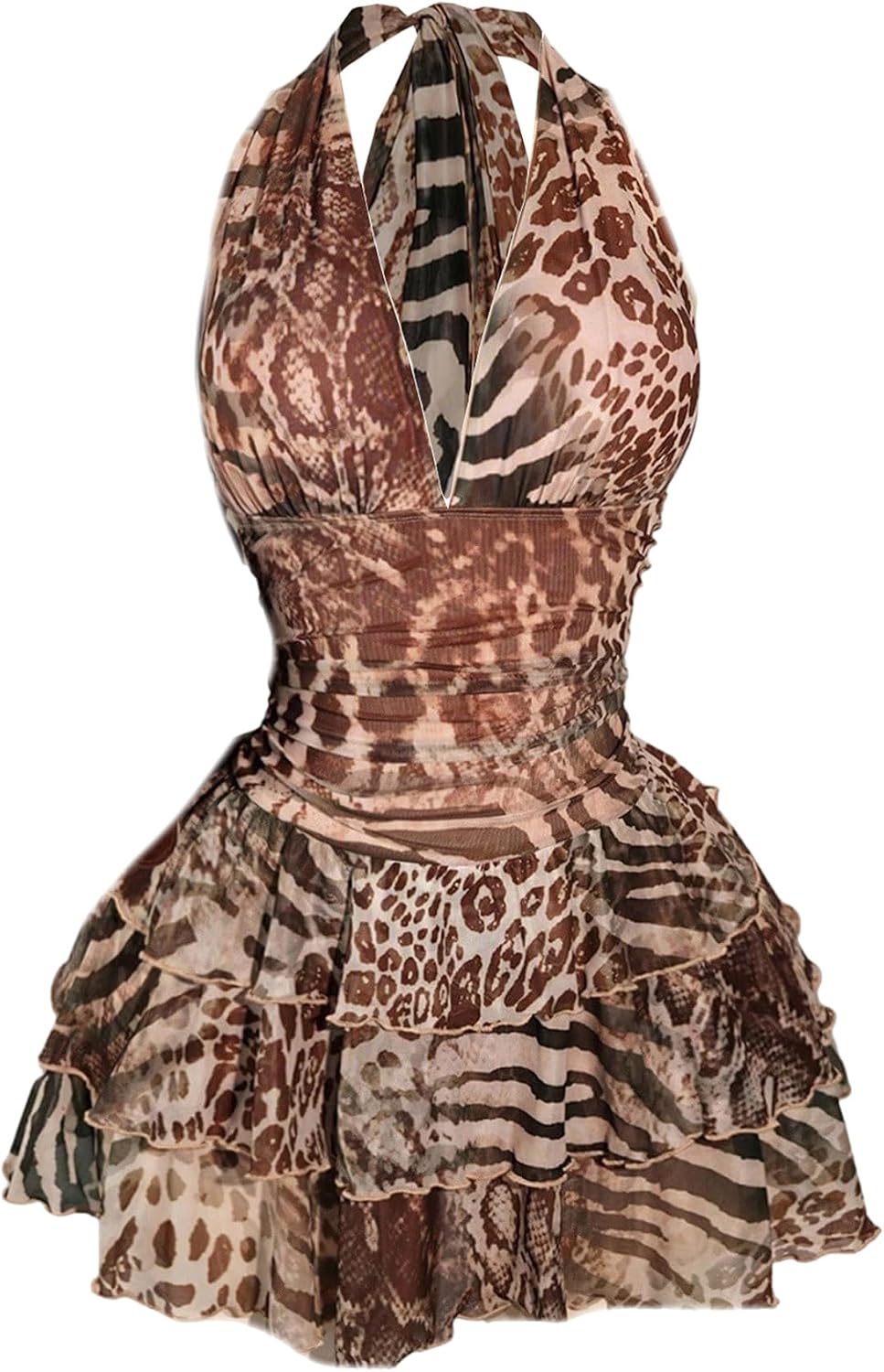 SHENHE Women's Plus Size Halter Mesh Dress Y2K Animal Print Club Mini Dress | Zebra, Floral, Party Romper Dresses, Layered Ruffle, Concert Dress with Built in Shorts