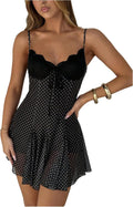 GORGLITTER Women's Polka Dots Mini Dress Cute Y2k Mesh Lace A Line Dresses | V Neck, Lace, Spaghetti Strap, Going Out Country Concert Outfits, Cocktail Dress, Coquette Clothes