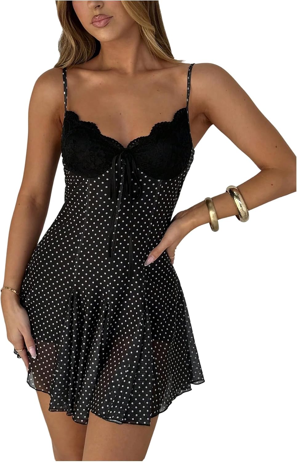 GORGLITTER Women's Polka Dots Mini Dress Cute Y2k Mesh Lace A Line Dresses | V Neck, Lace, Spaghetti Strap, Going Out Country Concert Outfits, Cocktail Dress, Coquette Clothes