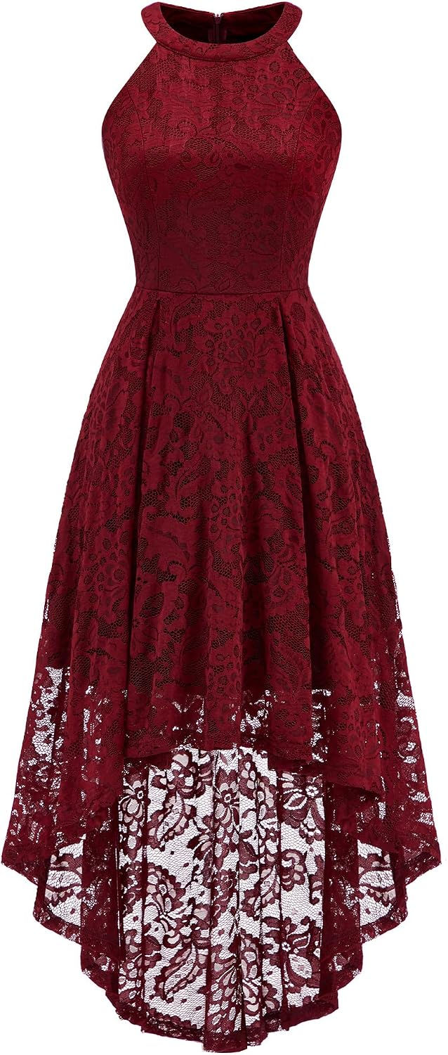 Dressystar Women Halter Lace Hi Lo Wedding Guest Cocktail Formal Dress | Bridesmaid Wedding Dresses,Sleeveless,Halter Top Neckline,High Low Hem,Elegant A line Design,Soft floral Lace Party Dress