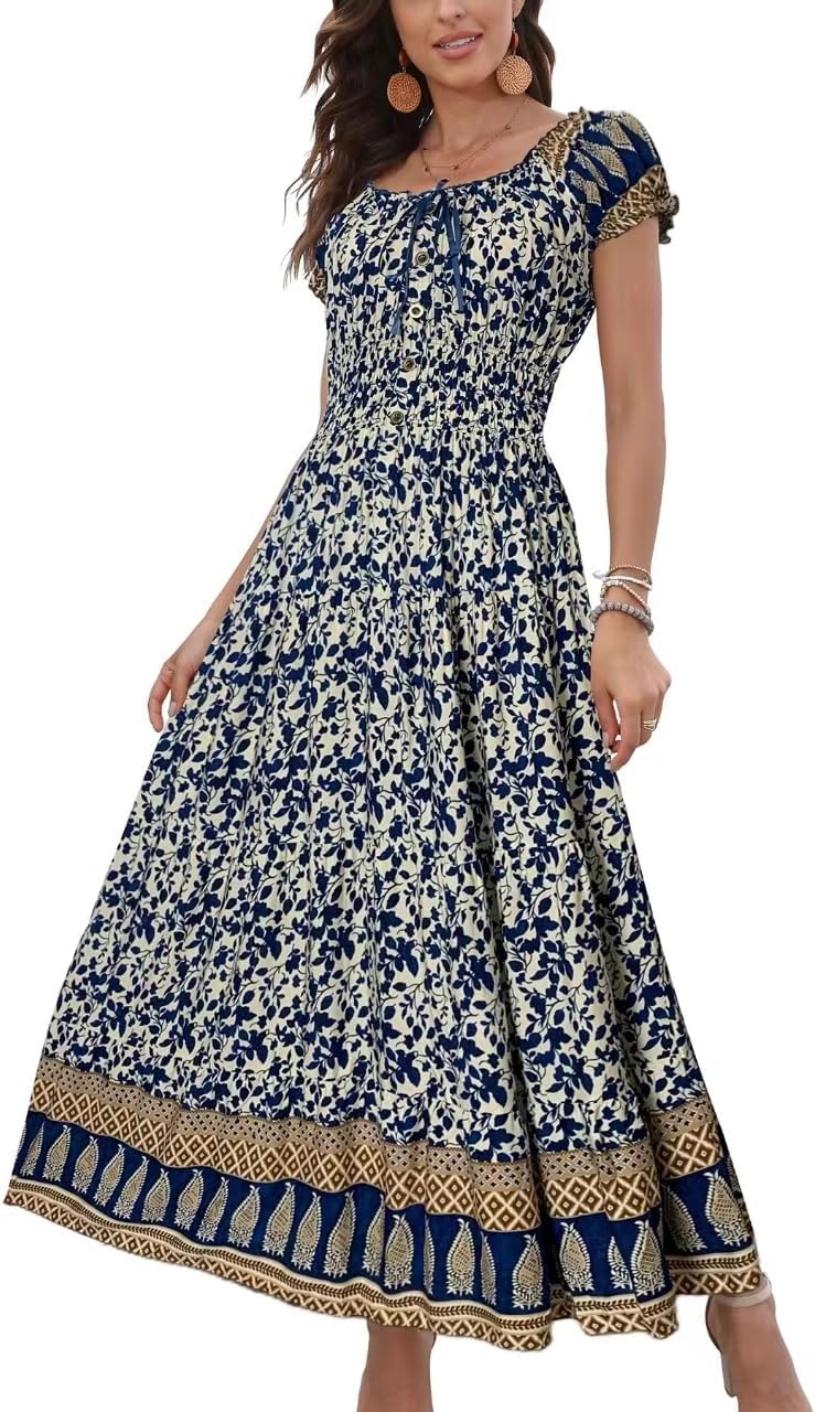 OSTOO Women's 2026 Maxi Dress Short Sleeves Boho Floral Print Tiered Casual Flowy Summer Long Dress