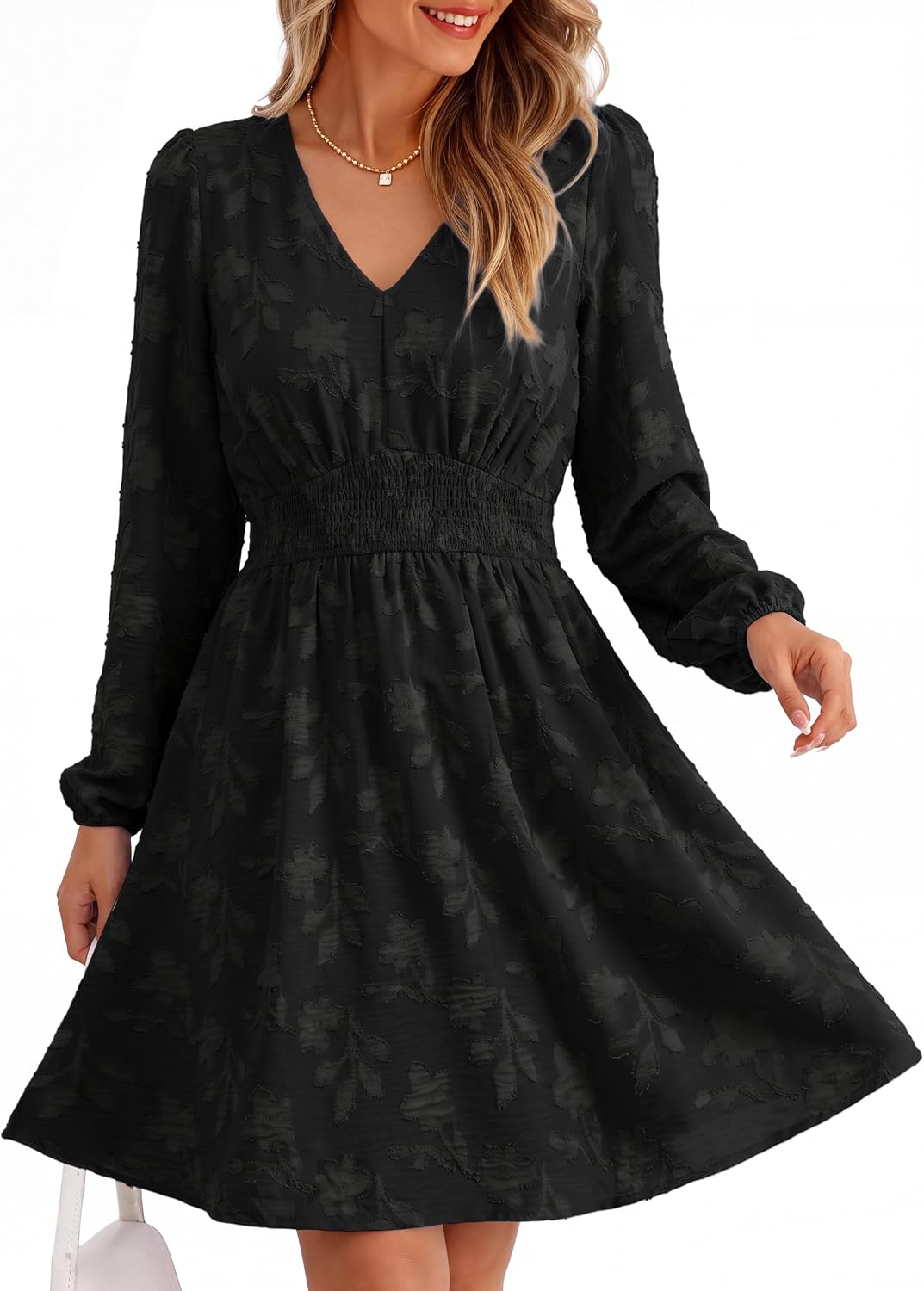 Simplee Womens Fall Long Sleeve Babydoll Wedding Guset Mini Dress | Babydoll Fit,Boho Weatern Short Dress with Pocket,A Line V Neck Flowy,Elastic Waist,Burnout Floral,Cocktail Party