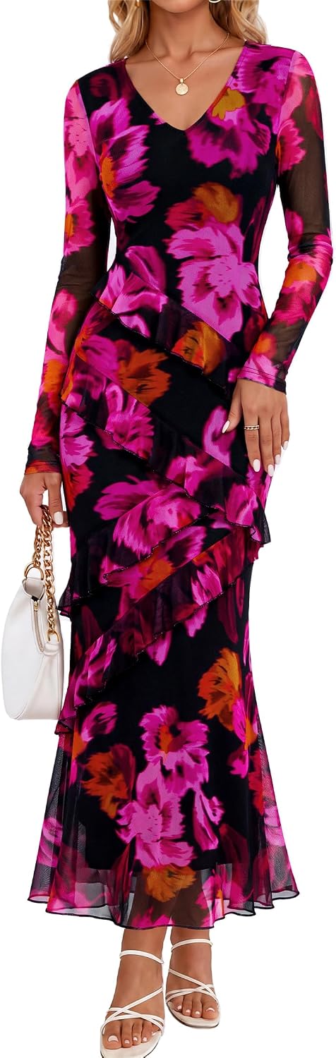 MEROKEETY Womens Fall Wedding Guest Floral Long Sleeve Bodycon Maxi Dress | 2026, Formal, V Neck, Ruffled, Mesh Overlay, Lined, Cocktail Party, Rehearsal Dinner, Bridal, Baby Shower, Date Night Dress