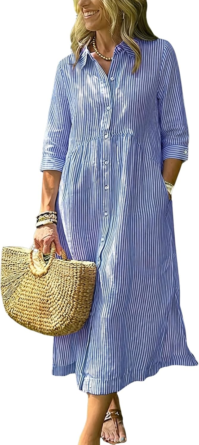 Women's Boho Striped Dress High-Low Waistline Button Down Midi Shirt Dress | Fashion Lapel, 3\/4 Sleeve, Flowy A Line, Side Slit, Slant Pocket, Casual Loose Mid Long Cotton Dress for Party Beach Vacation