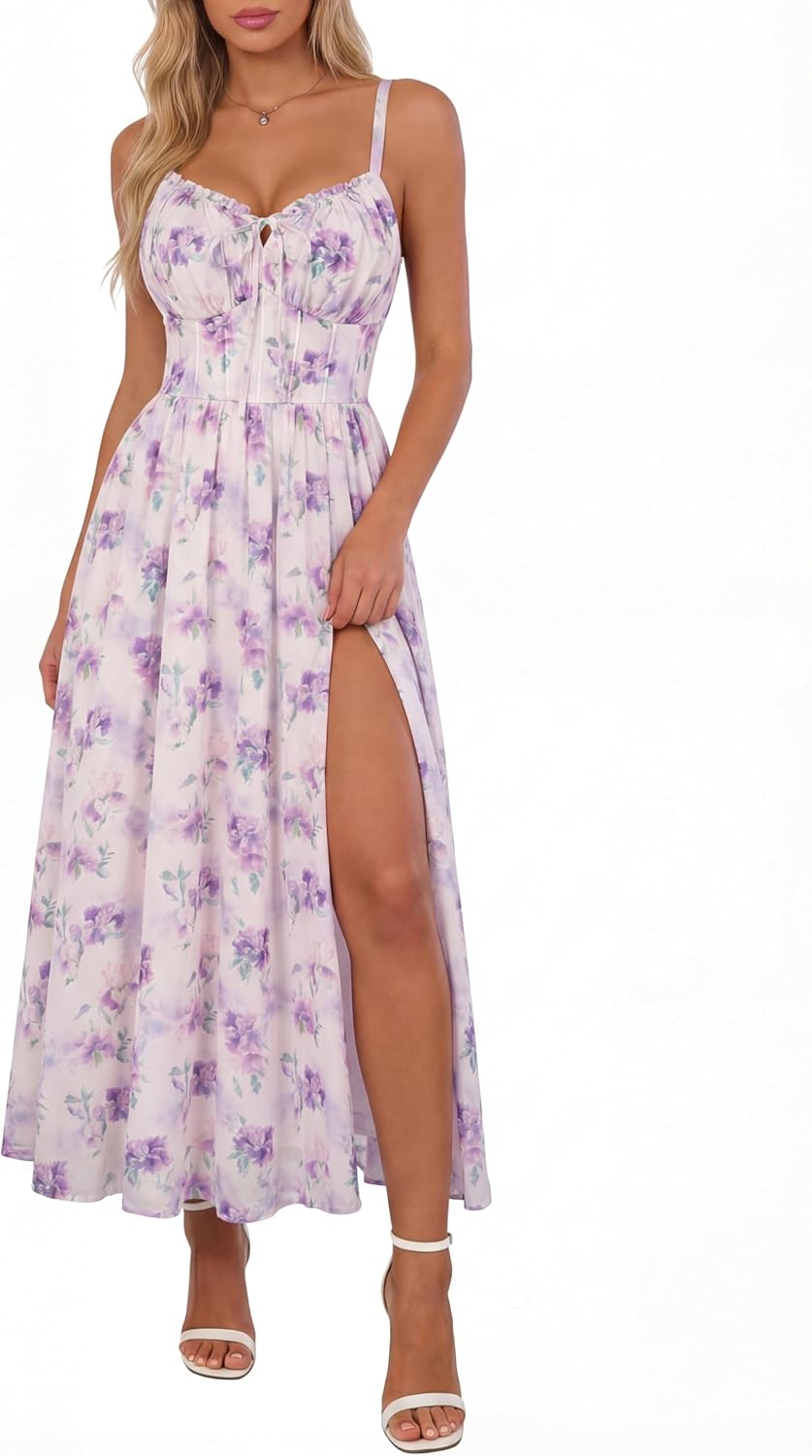 Scarlet Darkness Wedding Guest Dresses for Women Floral Corset Sundress | V Neck, Slit, with Pockets, for Summer, Tea Party, Graduation, Casual