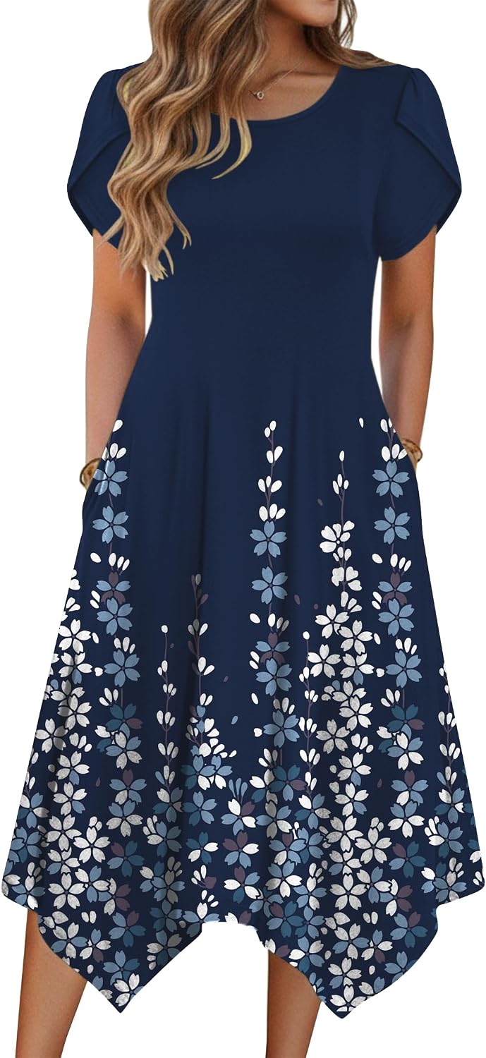 Zeagoo Womens Casual Dress for Summer Loose Hankerchief Flare Midi Sundress | Floral Print, Boho Style, Fall Wedding Guest Dress, A Line,Crew Neck, Side Pockets, Asymmetrical Hem, for Beach, Casual,Daily