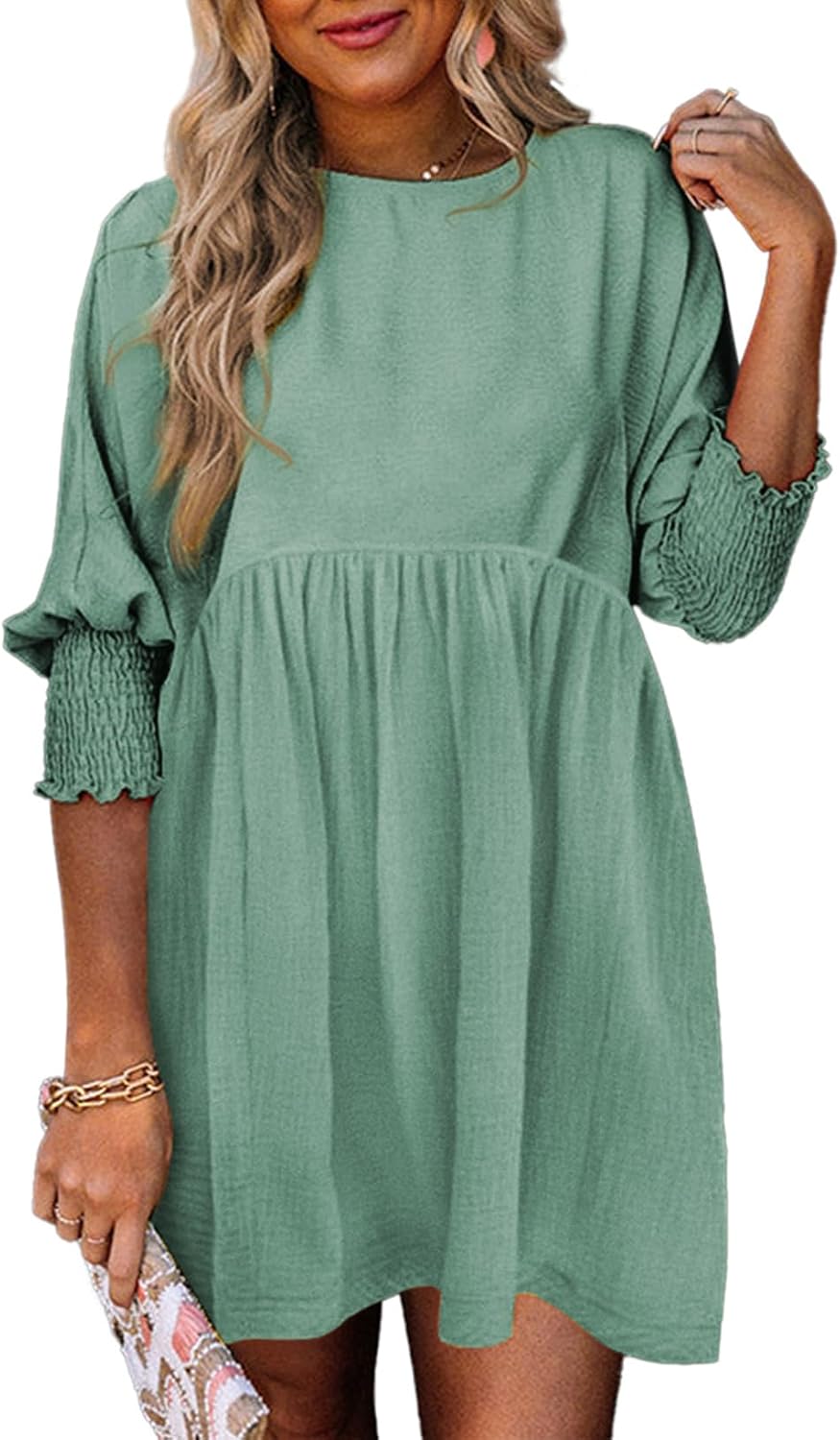 Dokotoo Womens Empire Waist 3\/4 Sleeve Casual Babydoll Mini Dress | Knee Length, Country Western Short Dresses for Fall, Party Church Baby Shower Wedding Guest Office Work Teacher Outfits