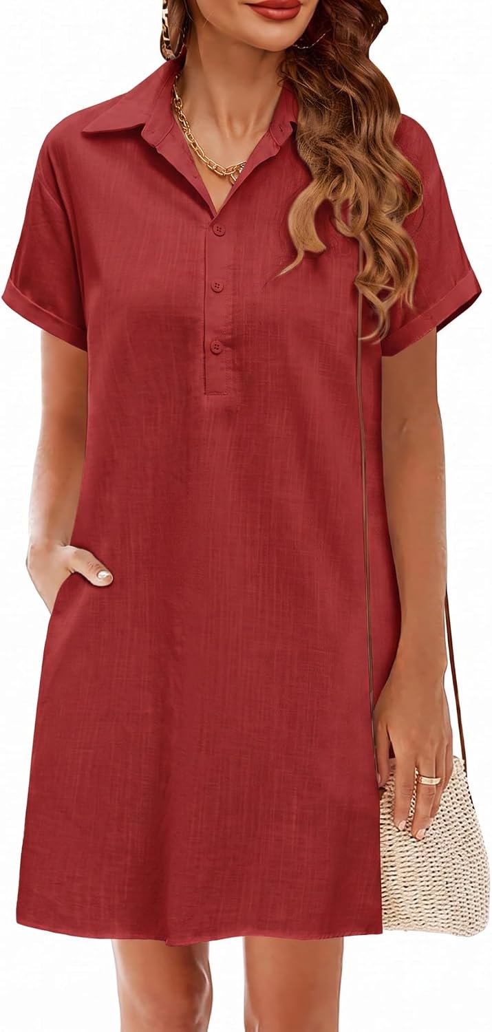 Zeagoo Womens Cotton Shirt Dress Summer Casual Short Sleeve Button Down Beach Cover Up Shirts with Pockets