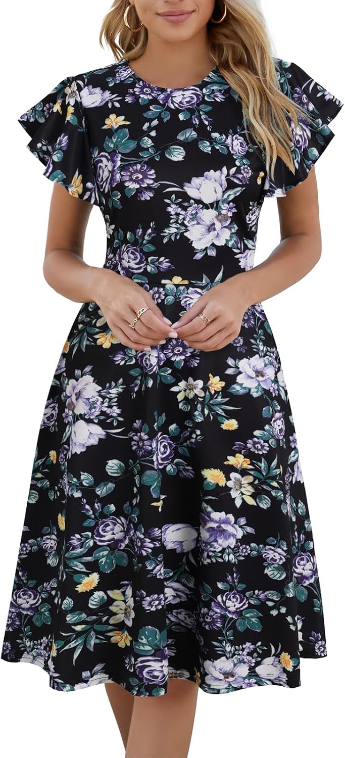MSLG Women's Fit and Flare Ruffle Short Sleeves Dresses Work V-Back Cocktail Semi Formal A Line Dress with Pockets 842