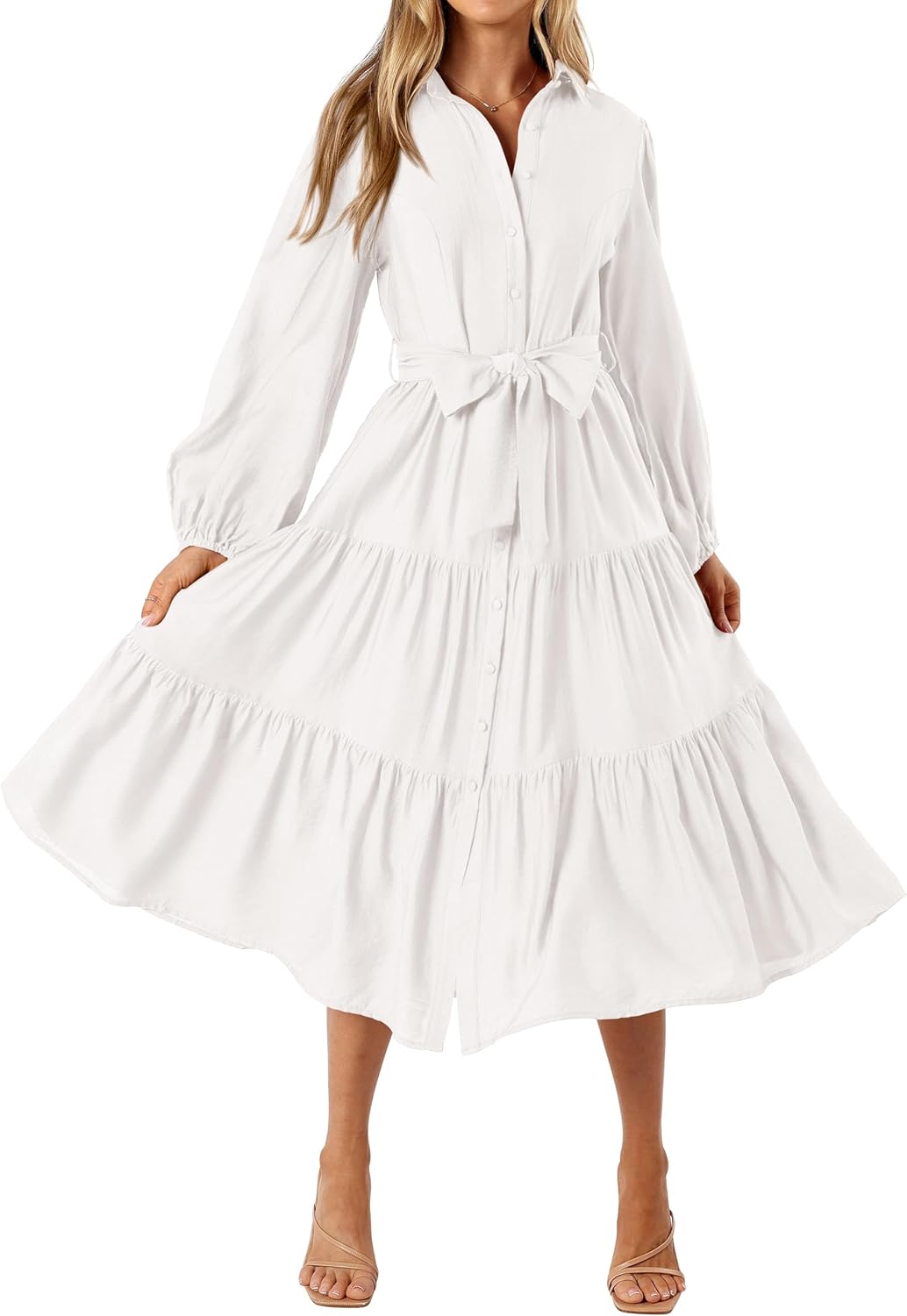 MASCOMODA Womens Dresses Fall Button Long Sleeve Midi Dress | Tie Waist Shirt Dress with Pockets, Button Down Collar V Neck, Flowy A Line, Tiered, Elastic Cuffs, Boho Casual Long Dresses