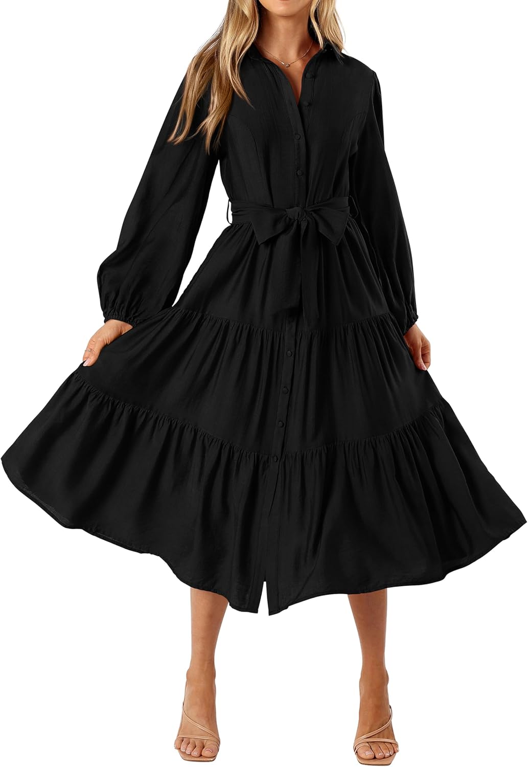 MASCOMODA Womens Dresses Fall Button Long Sleeve Midi Dress | Tie Waist Shirt Dress with Pockets, Button Down Collar V Neck, Flowy A Line, Tiered, Elastic Cuffs, Boho Casual Long Dresses